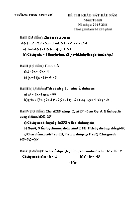 Đề thi khảo sát đầu năm môn Toán lớp 8 năm học 2015 - 2016 - Trường THCS Kim Thư